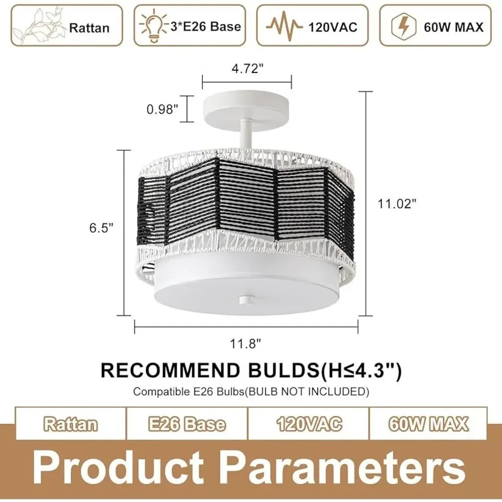 Tbaoinla - 3-light rattan ceiling lamp, black and white
